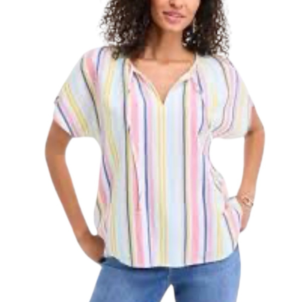 Style & Co. Striped V-Neck Short Sleeve Blouse in Pastel Multi